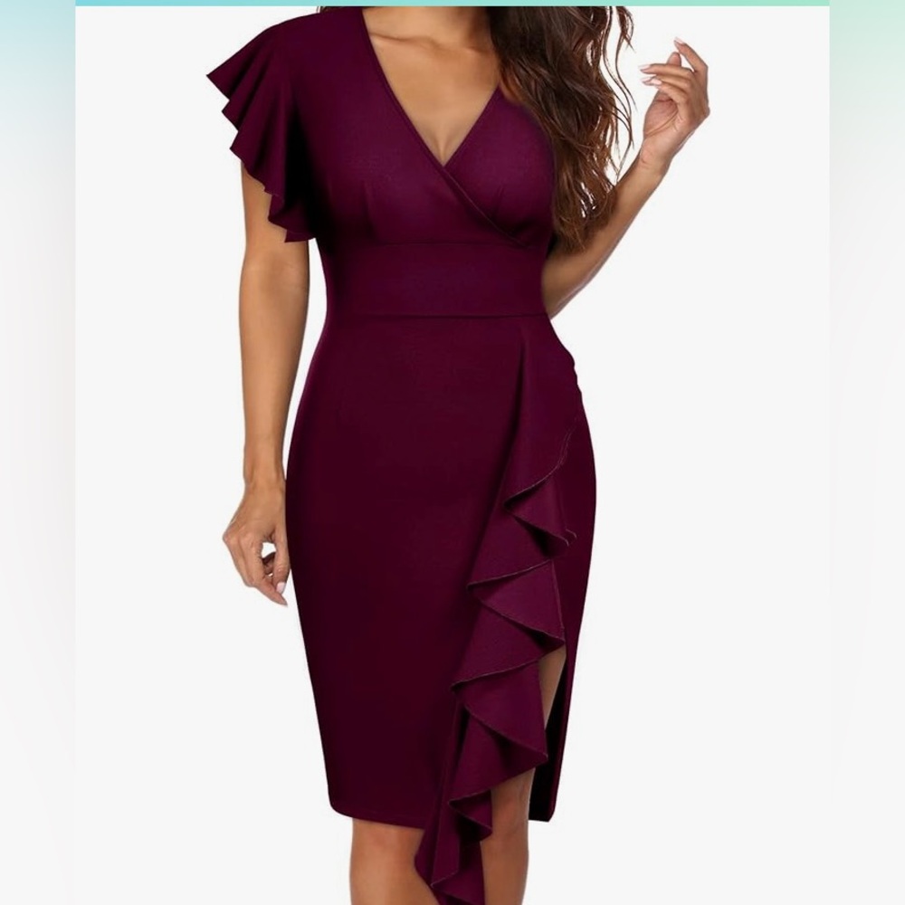 Knitee Burgundy V Neck Ruffle Sleeve Cocktail Dress Size M